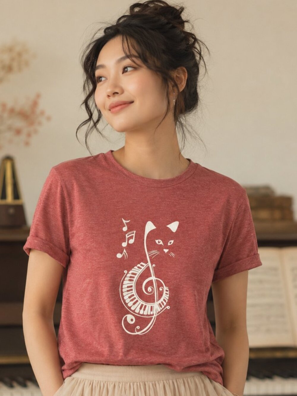 Treble Clef Cat Tee Womens XL Heathered Brick Red Piano Music Shirt